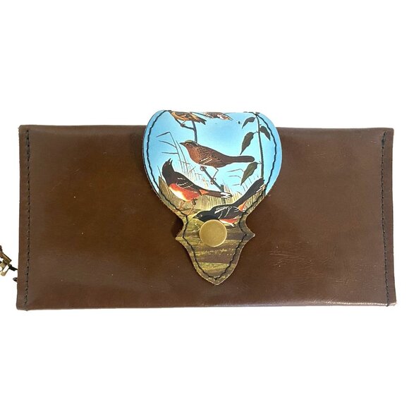 Handmade Leather Clutch Wristlet Wallet With Birds Hollyhawk Designs NWOT - Picture 1 of 13